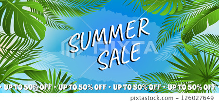 Summer horizontal sale banner. Shopping promotion poster template with green lush tropical palms foliage and monstera leaves silhouettes, exotic jungle leaflets and blue sky. Vector illustration. 126027649