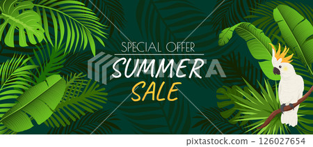 Summer horizontal sale banner. Shopping promotion poster template with green lush silhouettes of tropical palms foliage and monstera leaves, jungle leaflets and cockatoo parrot. Vector illustration. 126027654