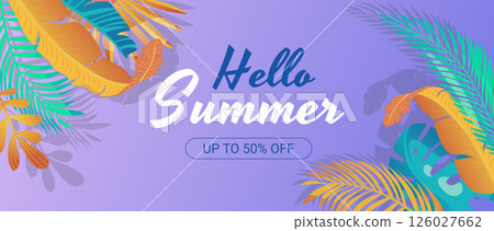 Summer horizontal sale banner. Shopping promotion poster template with colourful tropical palm leaflets, lush monstera leaves, abstract exotic jungle foliage, botanical frames. Vector illustration. 126027662