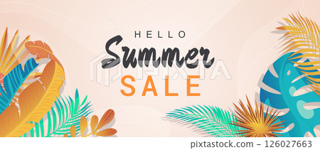 Summer horizontal sale banner. Shopping promotion poster template with tropical palms and monstera leaves, abstract exotic jungle foliage, seasonal botanical decorative border. Vector illustration. 126027663
