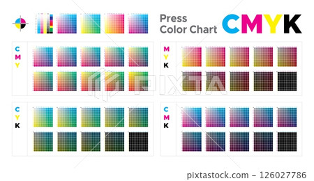CMYK Press Color Chart. Cyan. Magenta. Yellow. Black. Vector color palette, CMYK process printing match. Color palette for CMYK printing technologies. For digital, offset, packaging printing CMYK Press Color Chart. Cyan. Magenta. Yellow. Black. Vector color palette, CMYK process printing match. Color palette for CMYK printing technologies. For digital, offset, packaging printing 126027786