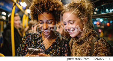 Two young women smiling, sharing joyful moment on city bus at night, looking at phone 126027905