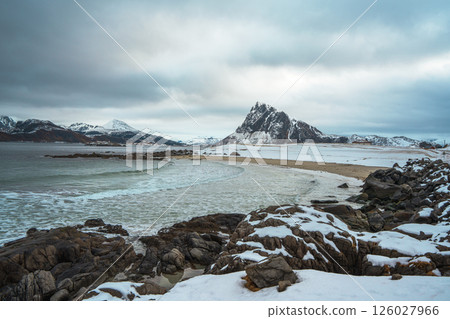 Snowy Storsandnes Beach with Mountain Backdrop in Lofoten Snowy Storsandnes Beach with Mountain Backdrop in Lofoten 126027966