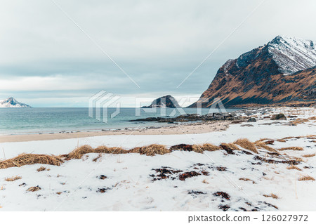 Snowy Vik Beach in Lofoten with Winter Mountains Snowy Vik Beach in Lofoten with Winter Mountains 126027972