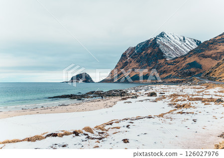 Snowy Vik Beach in Lofoten with Winter Mountains Snowy Vik Beach in Lofoten with Winter Mountains 126027976