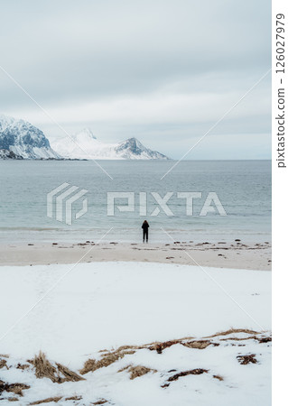 Snowy Vik Beach in Lofoten with Winter Mountains Snowy Vik Beach in Lofoten with Winter Mountains 126027979