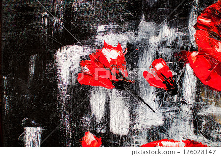 artistic black background with white and red paint spots in the form of flowers 126028147