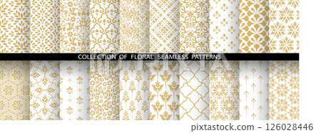 Geometric floral set of seamless patterns. White and golden vector backgrounds. Damask graphic ornaments 126028446