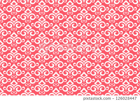 Flower geometric pattern. Seamless vector background. White and pink ornament. Ornament for fabric, wallpaper, packaging. Decorative print 126028447