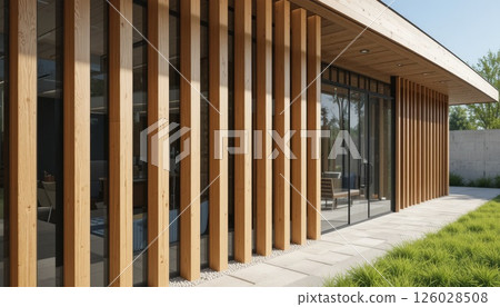 Architectural wooden slat wall for exterior or interior use. 126028508