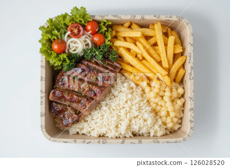 Piranha lunch box, with rice, fries, salad, top view. 126028520
