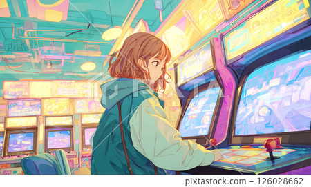 一名女學生在遊戲中心認真玩遊戲的插圖 一名女學生在遊戲中心認真玩遊戲的插圖 126028662