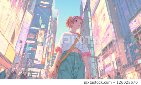 一位年輕女子在城市中行走的插圖 126028670