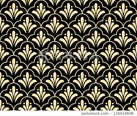 Flower geometric pattern. Seamless vector background. Golden and black ornament Flower geometric pattern. Seamless vector background. Golden and black ornament 126028696