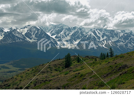 View of the peaks of the Altai Mountains from the Kurai steppe View of the peaks of the Altai Mountains from the Kurai steppe 126028717