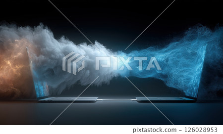 Cloud data transfer between two laptops, blue and orange energy, digital security data breach concept 126028953