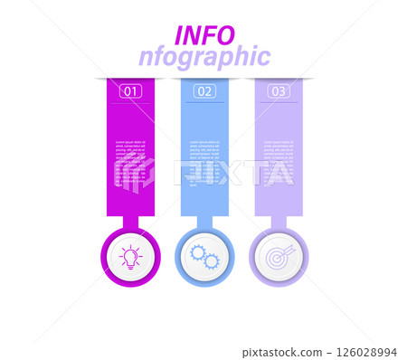 3 stages of development, improvement or training. Infographics with visual action icons for business, finance, project, plan or marketing. Flat vector style 126028994