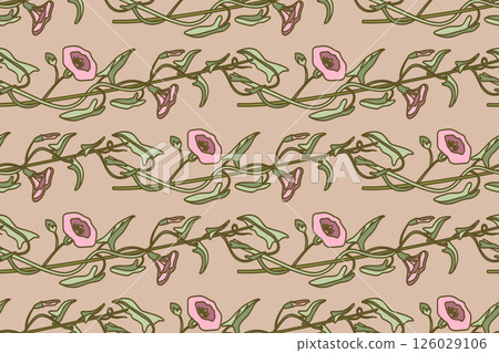 Botanical floral seamless pattern vector illustration. Repeating bindweed plant with pastel pink Flowers Stems Leaves in beige background.Graphic design for Fashion Cover Textile Wedding Greeting Card 126029106