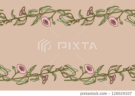 Botanical floral horizontal seamless border isolated on beige background. Hand drawn bindweed plant with pastel pink Flowers Stems green Leaves vector illustration. Graphic design element for Wedding 126029107
