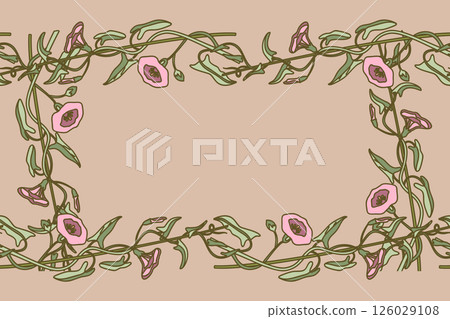 Botanical floral frame isolated on beige background. Hand drawn  bindweed plant with pastel pink Flowers Stems green Leaves vector illustration. Graphic design element for Wedding Birthday Greeting 126029108