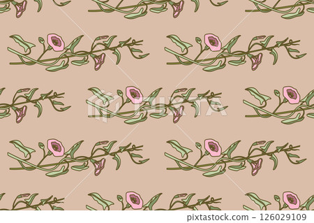Botanical floral seamless pattern vector illustration. Repeating bindweed plant with pastel pink Flowers Stems Leaves in beige background.Graphic design for Fashion Cover Textile Wedding Greeting Card 126029109