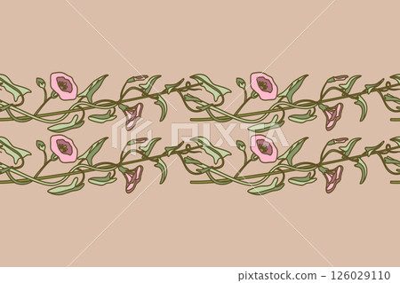 Botanical floral horizontal seamless border isolated on beige background. Hand drawn bindweed plant with pastel pink Flowers Stems green Leaves vector illustration. Graphic design element for Wedding 126029110