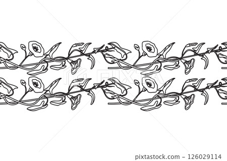 Line art botanical floral horizontal seamless border isolated on white background. Hand drawn outline bindweed plant with Flowers Stems Leaves vector illustration. Graphic design element for Birthday 126029114