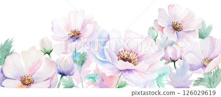 Border made with watercolor pink peony flowers and leaves, pastel wedding isolated illustration 126029619