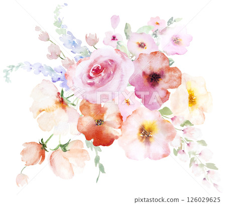 Bouquet with Watercolor pink and yellow flowers and leaves, pastel wedding isolated illustration Bouquet with Watercolor pink and yellow flowers and leaves, pastel wedding isolated illustration 126029625