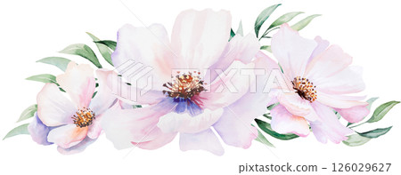 Watercolor bouquet with pink peony flowers and leaves, pastel romantic wedding isolated illustration 126029627
