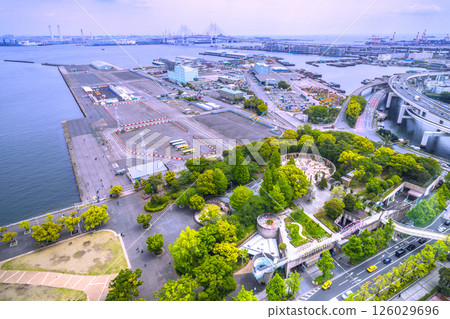 Yokohama cityscape, Japan. Queen Elizabeth at Daikoku Pier. (3 other luxury cruise ships are currently anchored at Yokohama Port.) 126029696