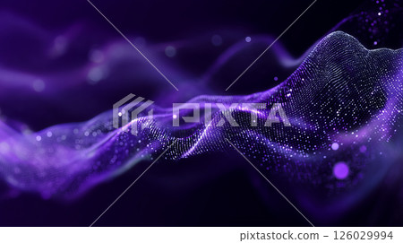 Abstract gradient particle waves seamlessly flowing with soft purple light and bokeh. Orange and blue digital waves. Technology, engineering, science, and artificial intelligence background 126029994