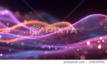 Abstract gradient particle waves seamlessly flowing with soft purple light and bokeh. Orange and blue digital waves. Technology, engineering, science, and artificial intelligence background 126029999