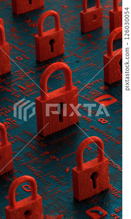 Red padlock on digital circuit board background symbolizes cybersecurity protection 126030054