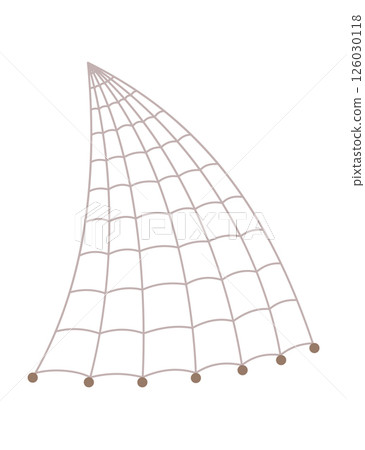 Fish net icon, isolated fishnet and fish scoop. Mesh tool used for catching. Device for safely transferring fish from one container to another or water. Vector cartoon illustration 126030118