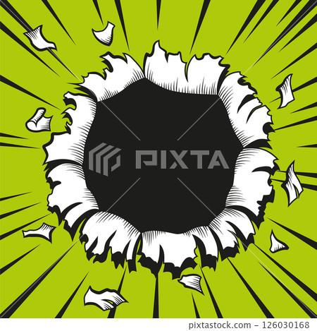 Comic book hole. Vector paper is torn through boom explosion. Circle hole in the middle on color background. Comic style cover template or flyer wallpapers 126030168