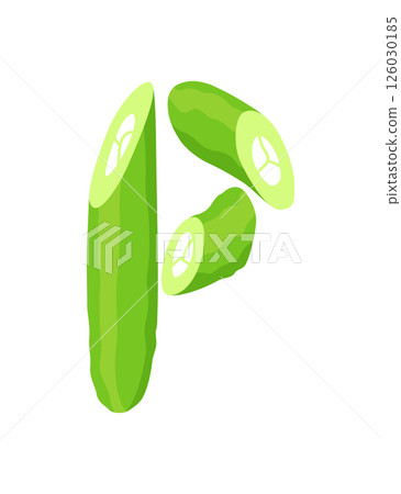 Veggie alphabet, English letter A made from fresh vegetables. Cucumber. Decoration concept for books, menus or shops. Vegetable lettering design on white background Veggie alphabet, English letter A made from fresh vegetables. Cucumber. Decoration concept for books, menus or shops. Vegetable lettering design on white background 126030185