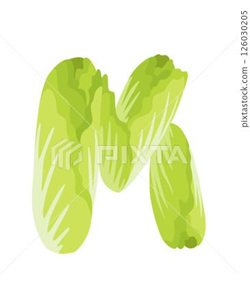 Veggie alphabet, English letter A made from fresh vegetables. Salad, lettuce. Decoration concept for books, menus or shops. Vegetable lettering design on white background 126030205