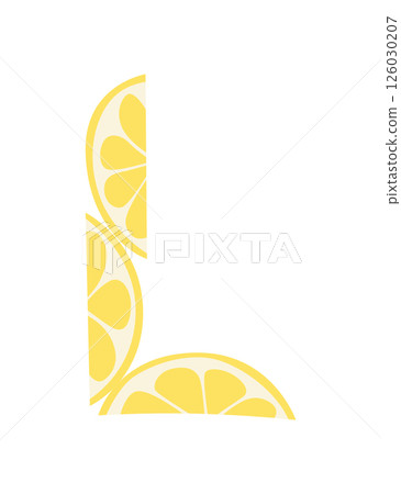 Veggie alphabet, English letter A made from fresh vegetables. Lemon. Decoration concept for books, menus or shops. Vegetable lettering design on white background 126030207