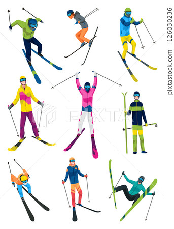 Skier, icon set. Sportsman doing sport activity. People riding skis. Cartoon winter sport characters, travel activity. Concept of vacation. Vector illustration isolated on white background Skier, icon set. Sportsman doing sport activity. People riding skis. Cartoon winter sport characters, travel activity. Concept of vacation. Vector illustration isolated on white background 126030236