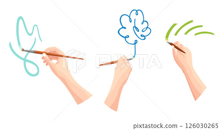 Hands holding paintbrush, set. Brush painting on white. Art drawing hand of an artist in cartoon style. Vector flat illustration isolated on white background 126030265
