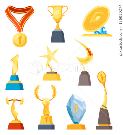 Awards cup icon set. Trophy symbol, winners cup, for first place. Champions trophy, 1st prize reward. Symbol of victory in sporting event, competition. Vector cartoon illustration 126030274