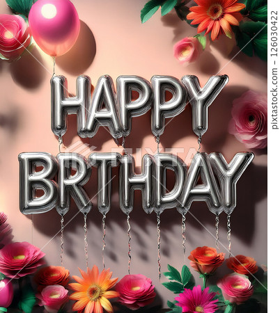 A decorative birthday message card with a flower and balloon motif. 126030422