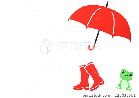 A red umbrella, rain shoes and a cute frog on a white background (rainy season image) 126030591