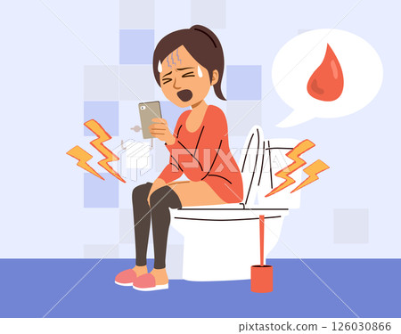 Woman with Smartphone in Bathroom Hemorrhoids Concept Cartoon Vector Illustration 126030866