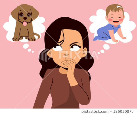 Woman Thinking About Child or Dog Life Decision Concept Vector Illustration Woman Thinking About Child or Dog Life Decision Concept Vector Illustration 126030873