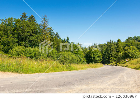 pass through green deciduous forest. journey through countryside. old road in carpathian mountains. volovets district of transcarpathia region, ukraine. travel landscape in summer on a sunny day 126030967
