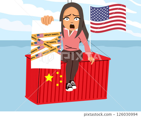 Woman Shocked by Import Tariffs Sitting on Shipping Containers 126030994