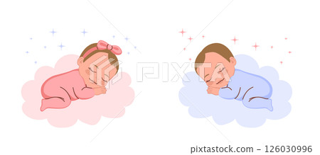 Baby Girl and Boy Sleeping on Cloud Cartoon Vector Illustration 126030996