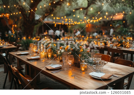 a boho style wedding reception with wooden tables, mismatched vintage chairs, and earthy toned table settings, surrounded by fairy lights and greenery, warm evening light 126031085